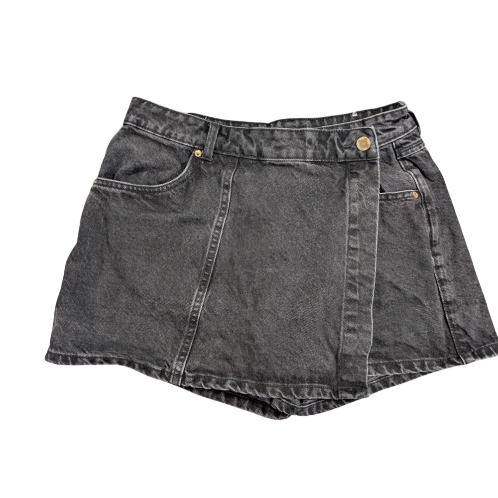 Zara Womens Small Asymmetrical Wrap Washed Black Denim Skort Size S 26